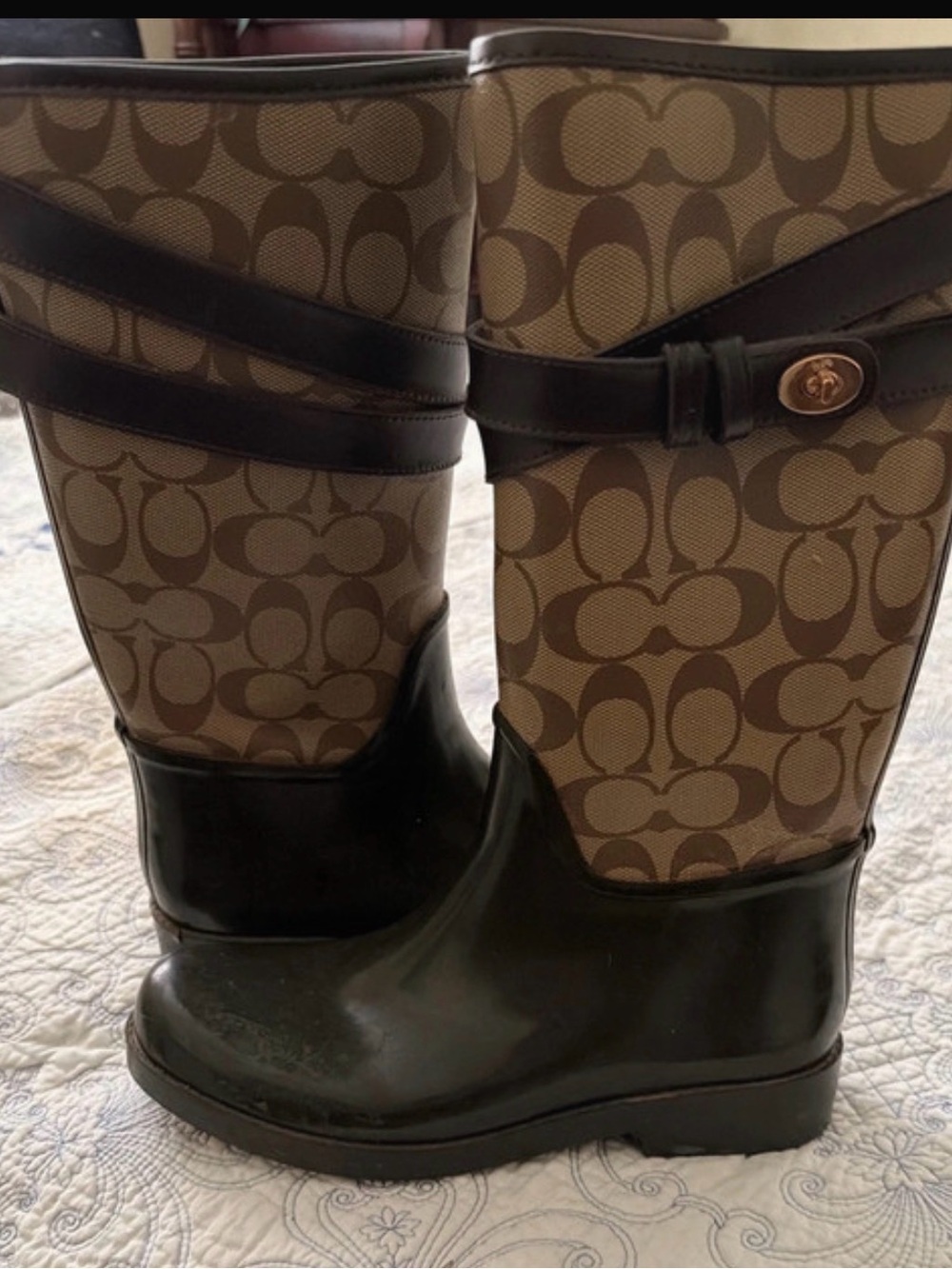 Coach Brown Signature Canvas & Black Rubber Rain Boots